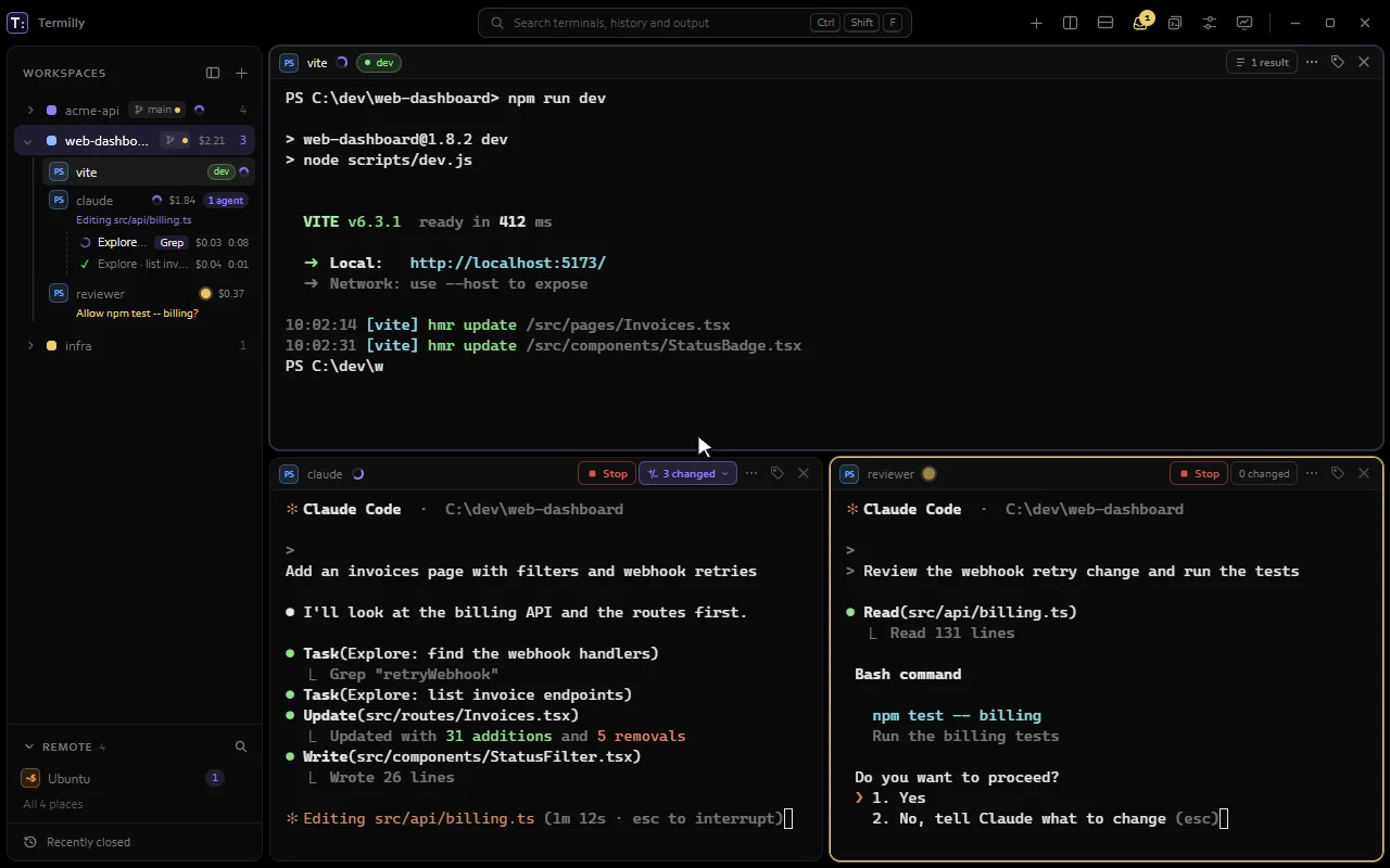 Claude Code working in one terminal with two subagents and changed files in the sidebar, while a second agent asks for permission and gets a yellow ring