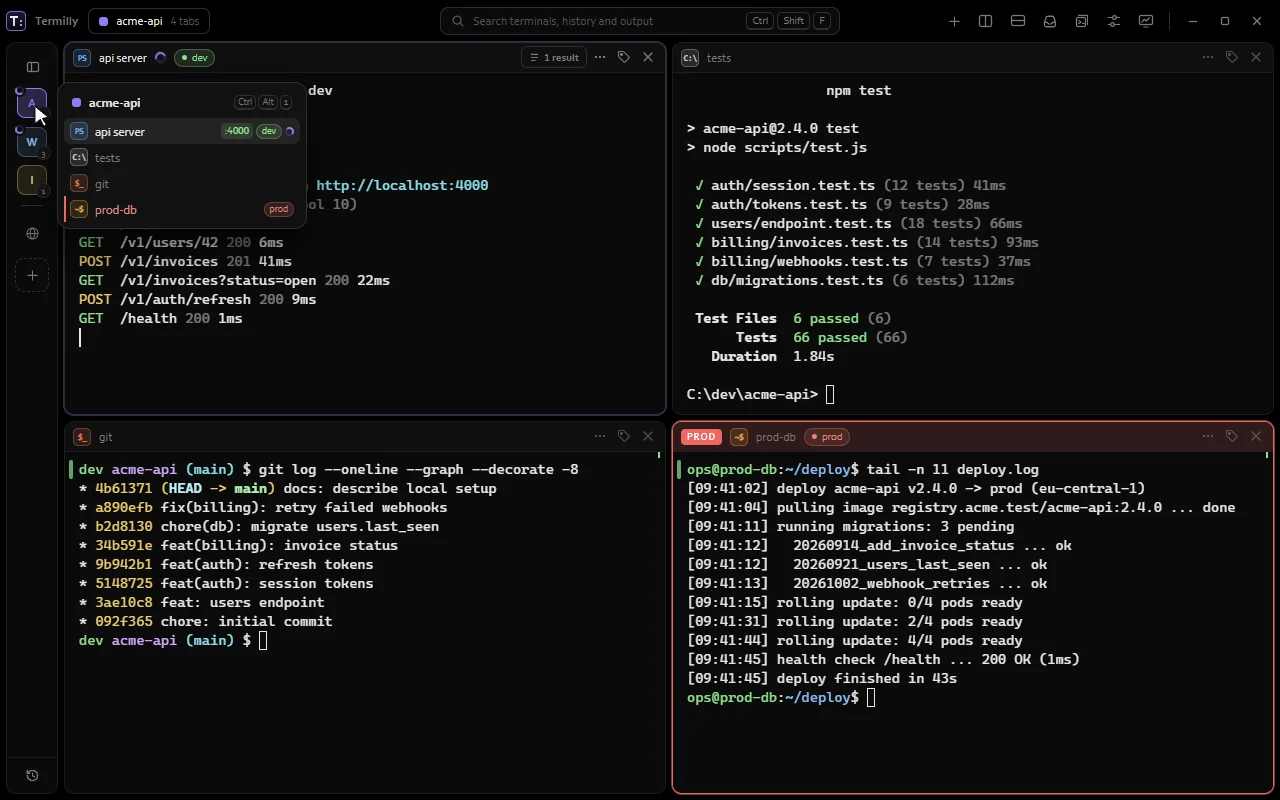 Folding the sidebar into an icon rail with Ctrl+Shift+B and hovering workspaces to see their terminals
