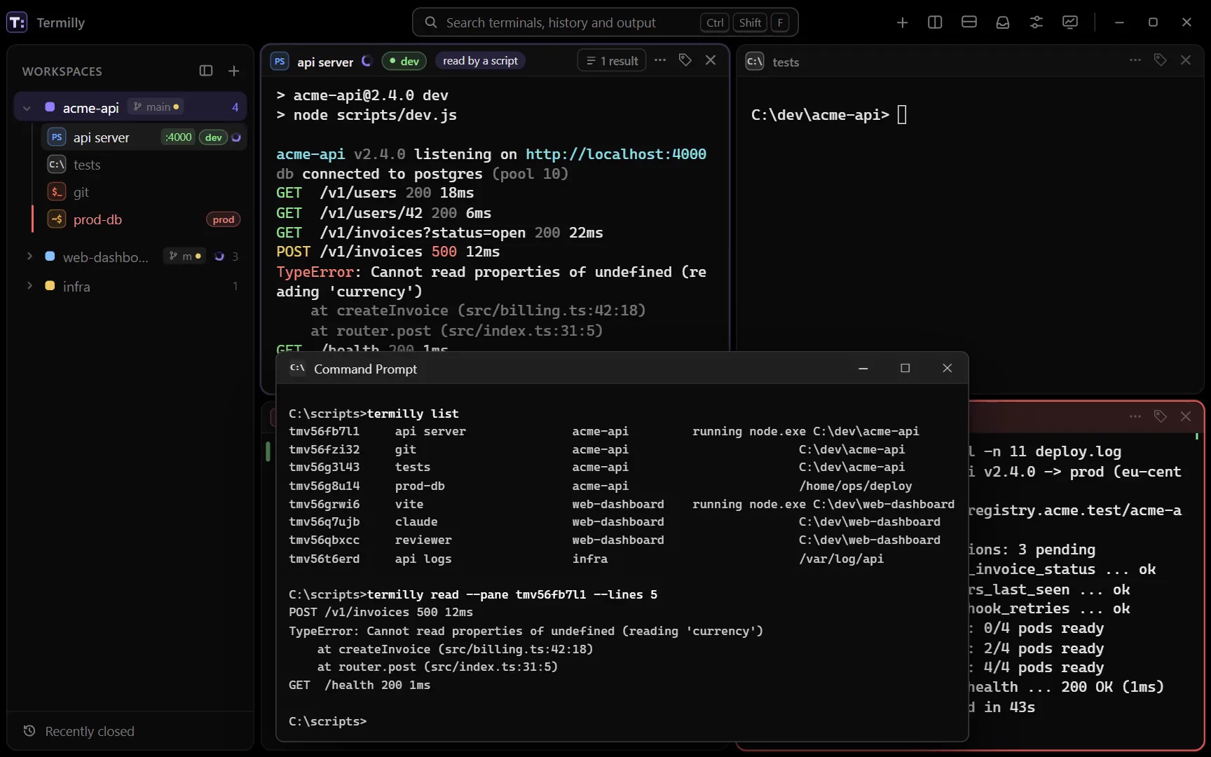 A command prompt outside Termilly runs termilly list and termilly read; the pane it read gets a mark