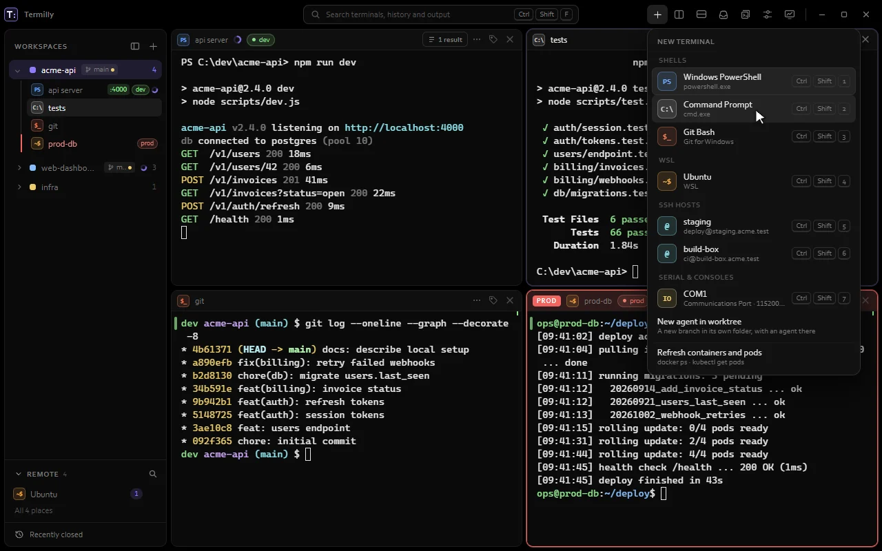 The New terminal menu: Windows PowerShell, Command Prompt, Git Bash, Ubuntu on WSL, SSH hosts and a serial port