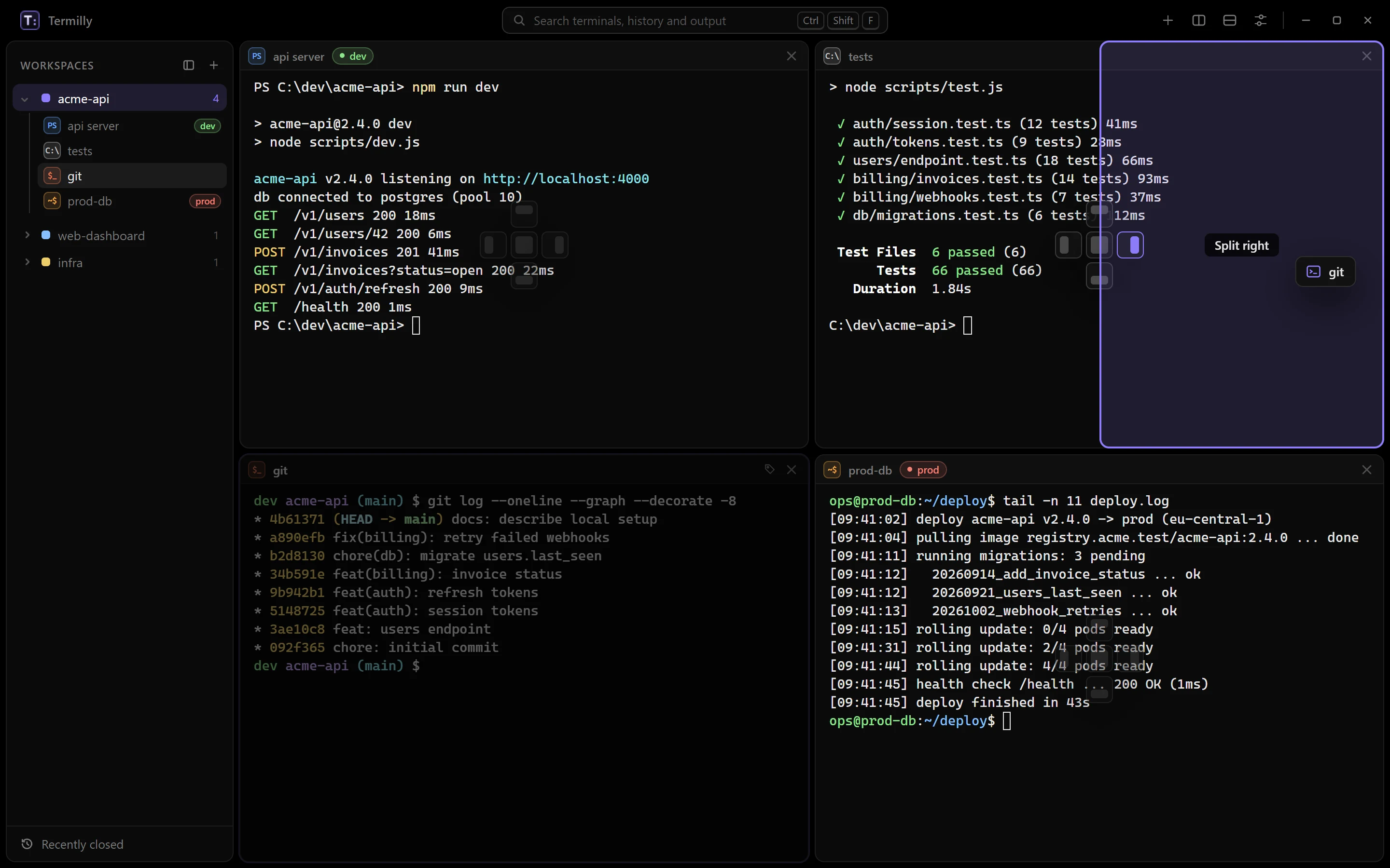 The git terminal being dragged over the tests terminal, with docking guides and a Split right preview