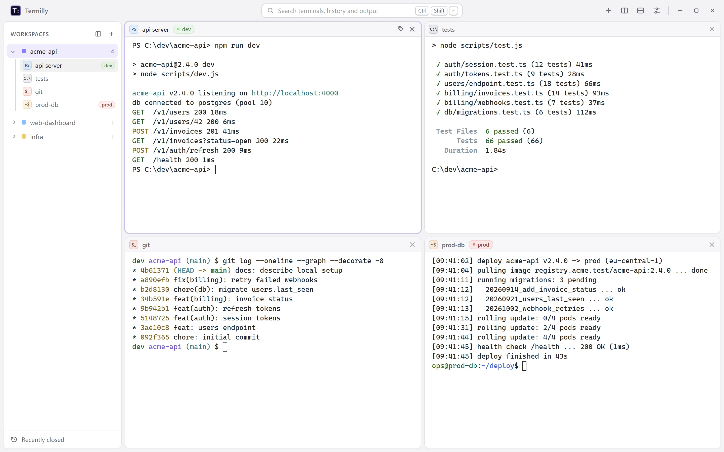 The same four-terminal workspace in the light theme
