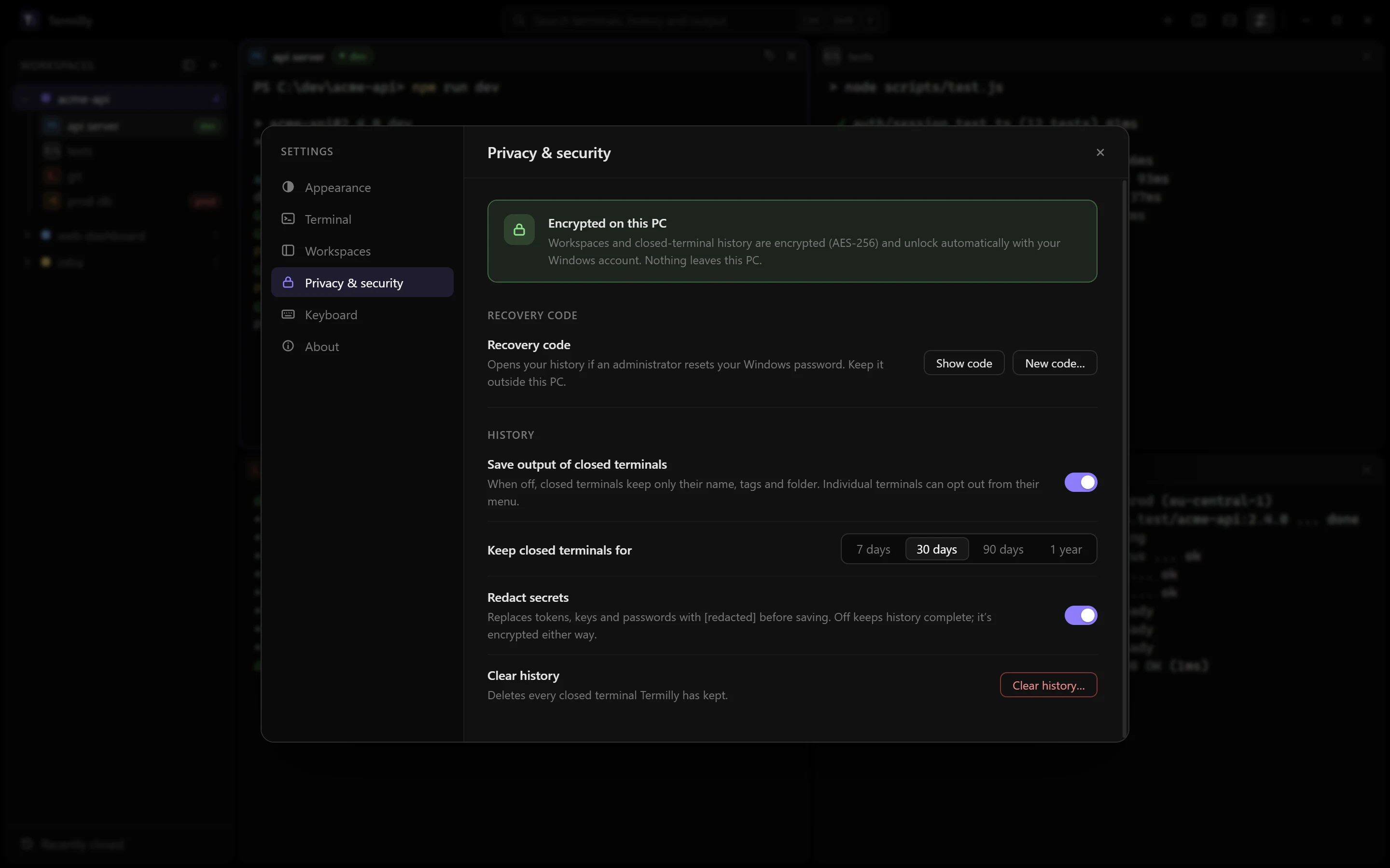 Privacy and security settings: encrypted on this PC, recovery code, save output, keep history for 30 days, redact secrets on