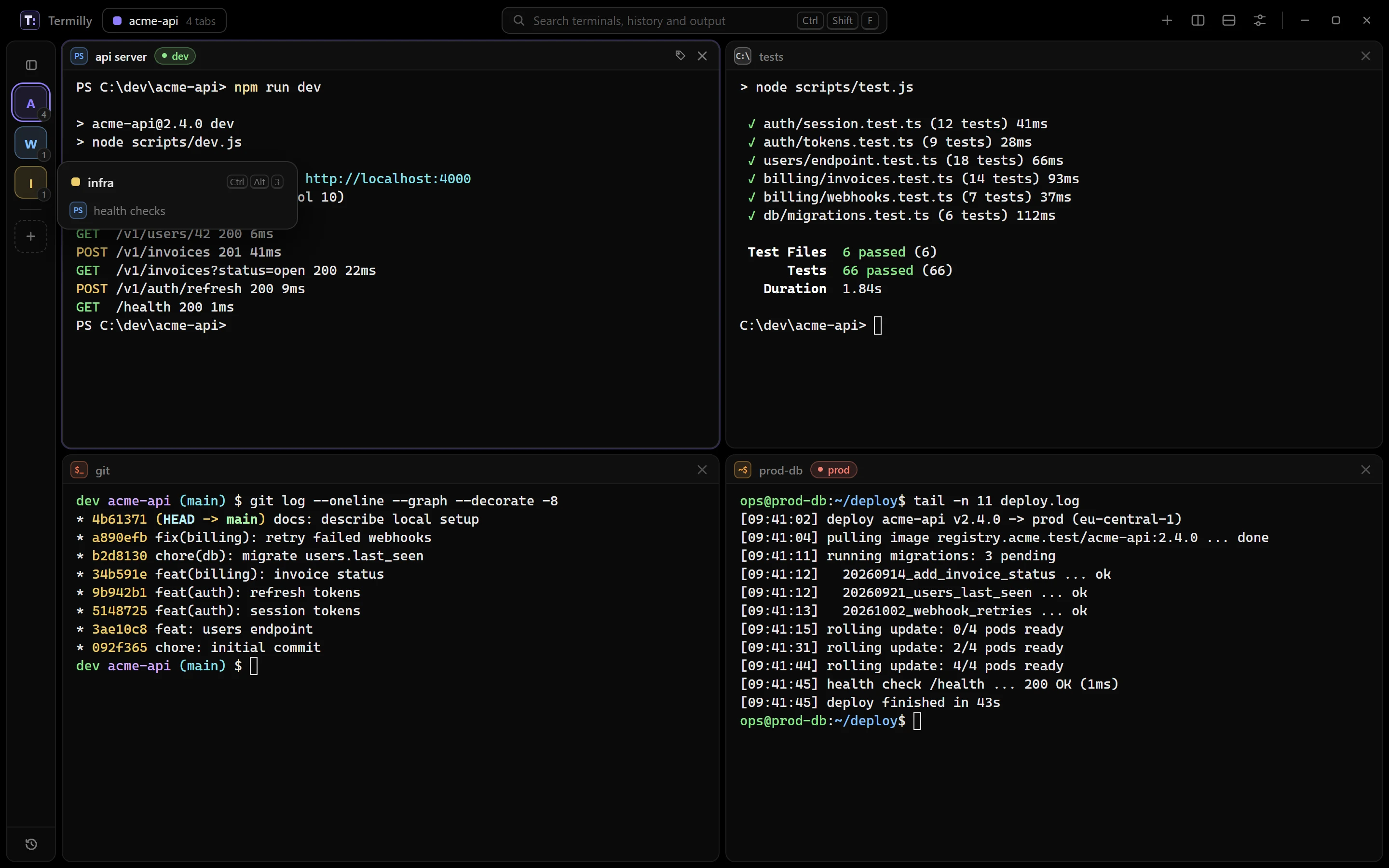 The sidebar folded into an icon rail, with a flyout listing the infra workspace's terminals