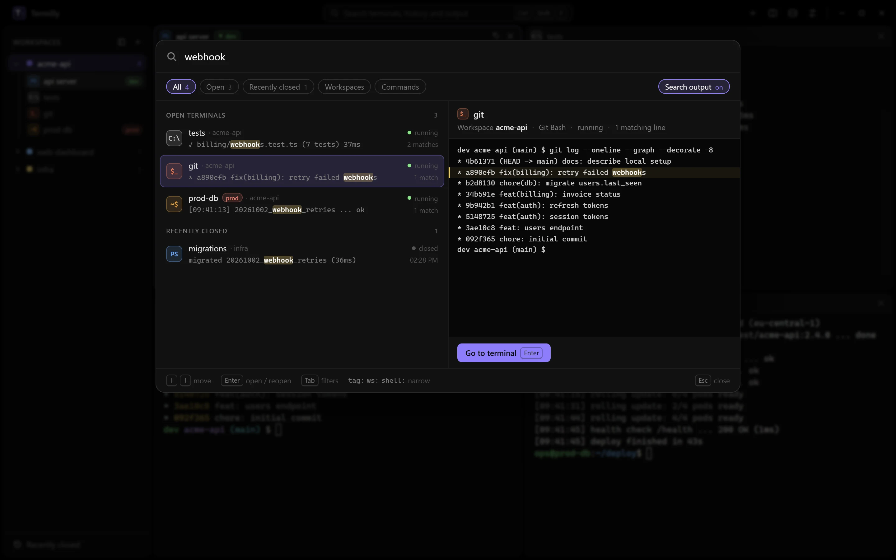 The search palette for “webhook”: matches in three open terminals and in a closed migrations session, with the matching git log line previewed