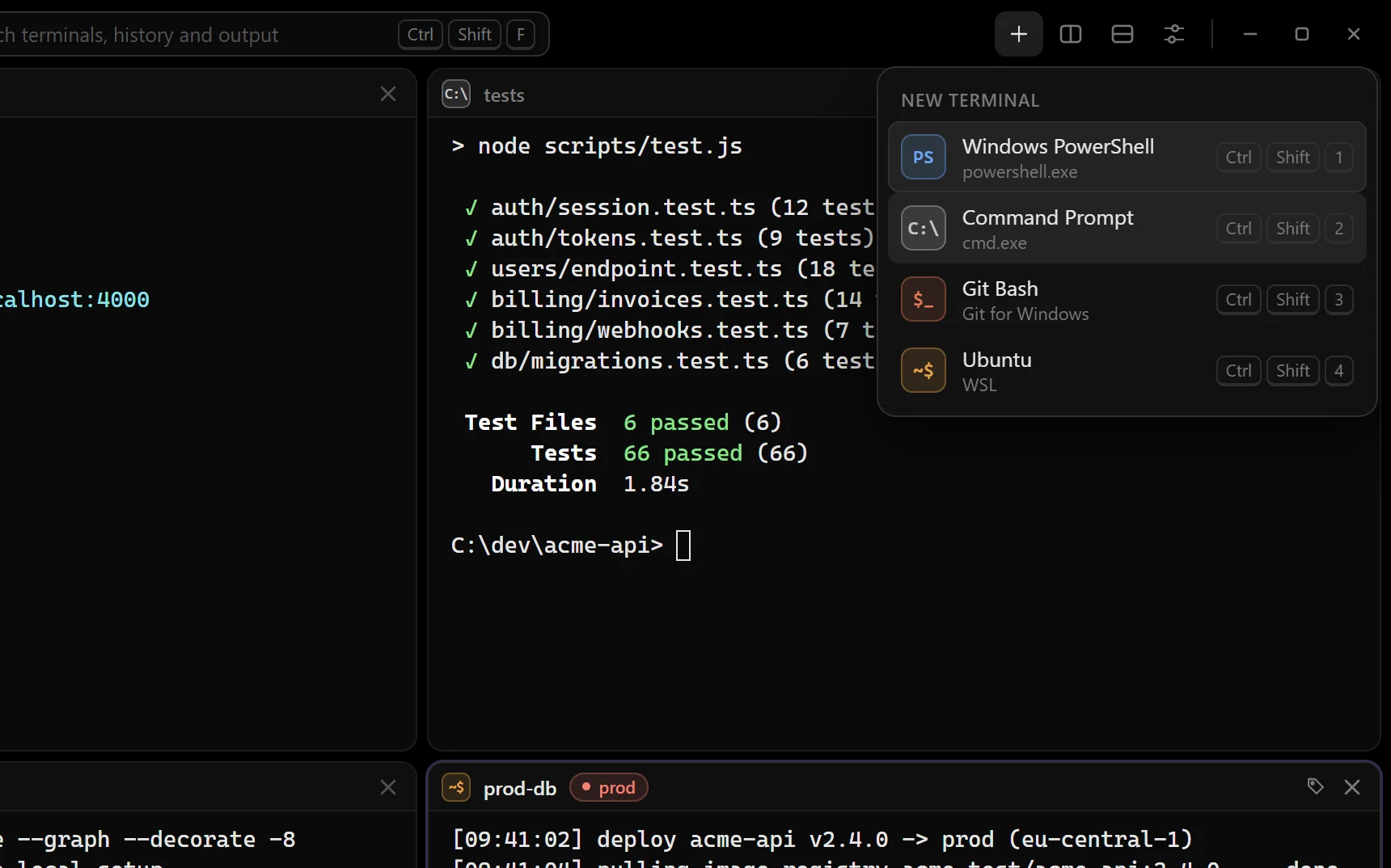 The New terminal menu listing Windows PowerShell, Command Prompt, Git Bash and Ubuntu with their shortcuts