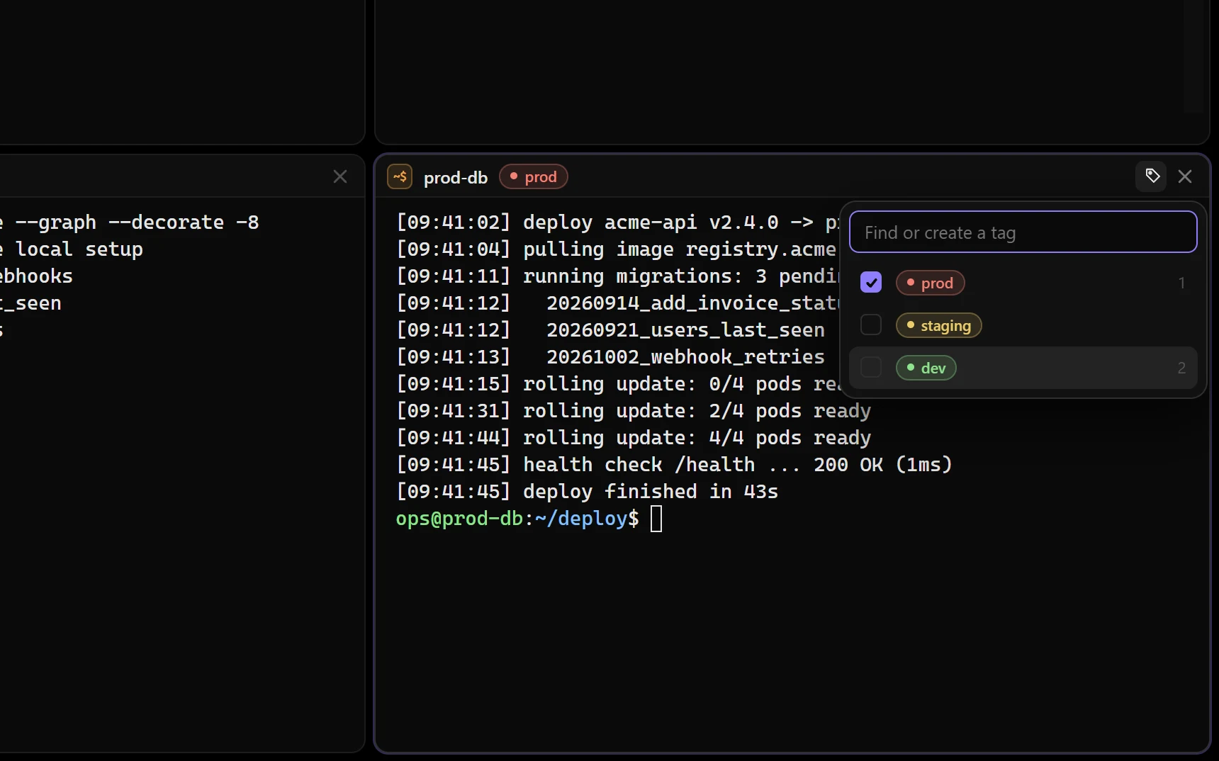 The tag picker on the prod-db terminal, with prod ticked and staging and dev available